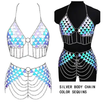 

Colourful Sequins Set Body Chain Bra Metal Top Skirt Gypsy Style Tassel Sexy Harness Women Dance Cosplay Wear Plus Size Waist