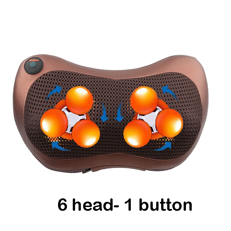6 head-1 button Электрическая Расслабляющая массажная подушка, вибратор для шеи, плеч, спины, разминающий инфракрасный массажер для терапии - Цвет: 6 head-1 button
