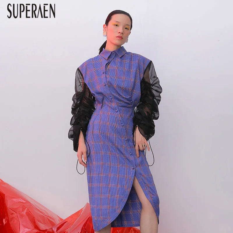 SuperAen Осень новинка женское платье с длинным рукавом полое хлопковое дамское платье модное хлопковое клетчатое женское платье