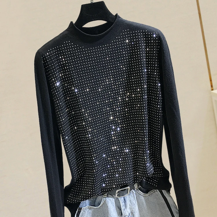 

Autumn Winter Tshirt Woman Knitted Shirts All-match Basic Tops Diamond Ironing Black Knitwear Jumper Pull Femme T-shirt
