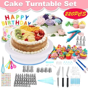 

220Pcs/Set Cake Turntable Set Pastry Tube Fondant Tool Kitchen Dessert Baking Tools Pastry Supplies Cake Decorating Kit Bakeware
