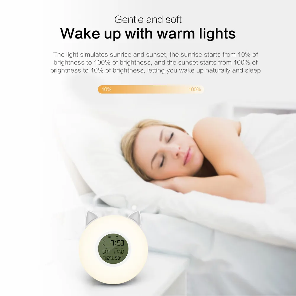 7 цветов умный Wake Up лампа для спальни ночной прикроватный Ночной свет Многофункциональный lcd Музыка FM радио будильник с термометром гигрометр
