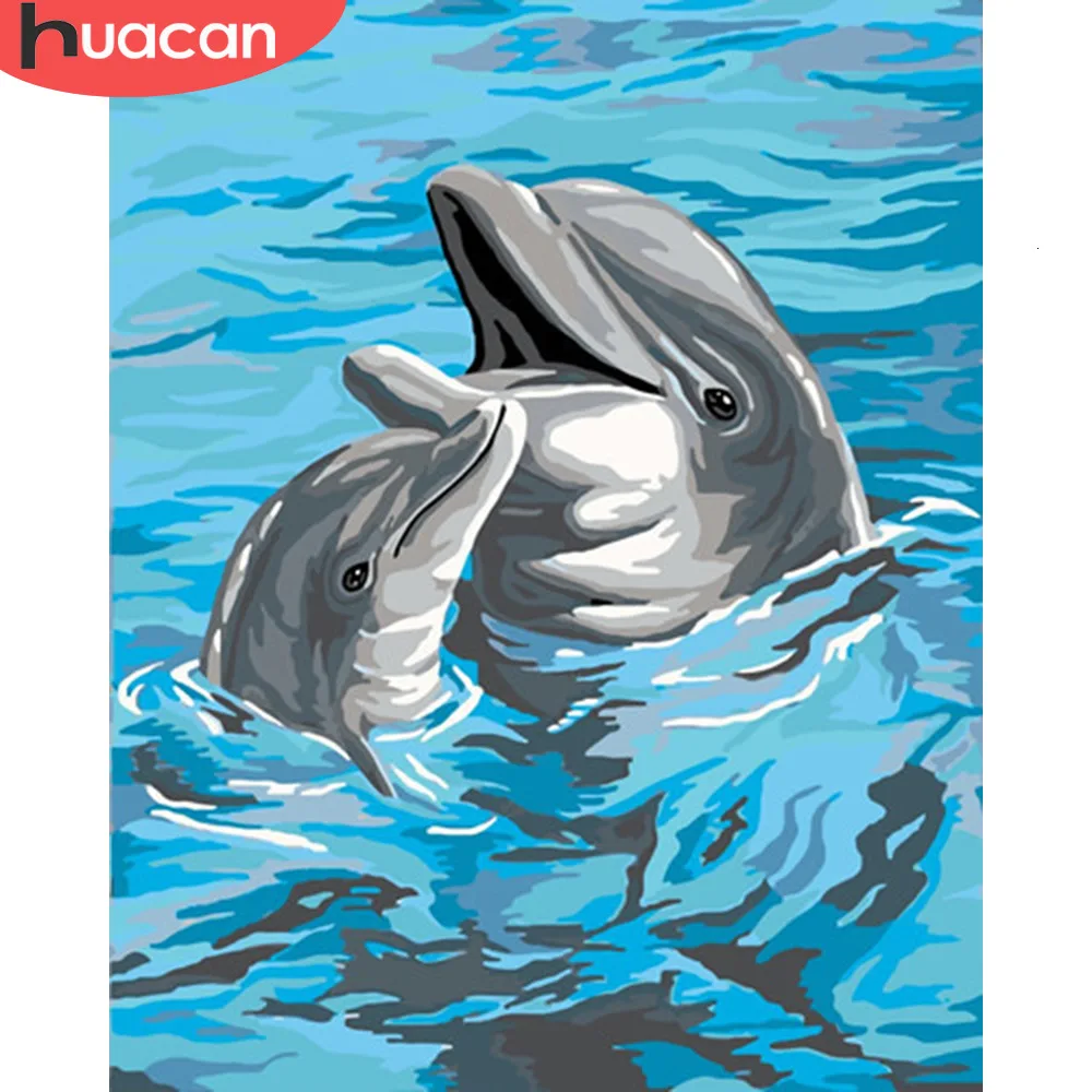 HUACAN картина маслом по номерам Дельфин животных наборы холст для рисования «сделай сам» Ручная роспись картинка-раскраска украшение дома искусство