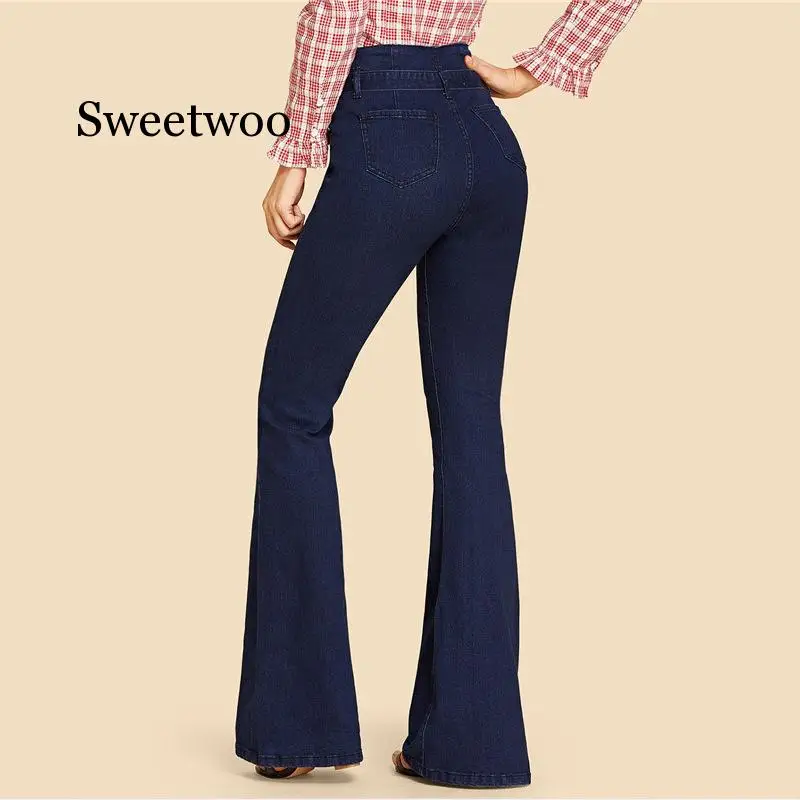 blue Tie Waist Flare Jeans Women Slim Denim Trousers 2020 spring High Waist Pants Belted Stretchy wide leg jeans