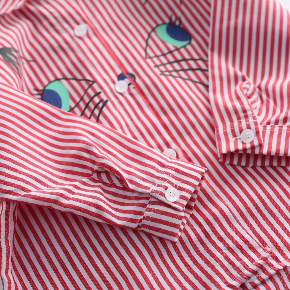 Children Turn-down Collar Embroidery Cartoon Cat Pattern Long Sleeve Shirts Blouse Outfits New