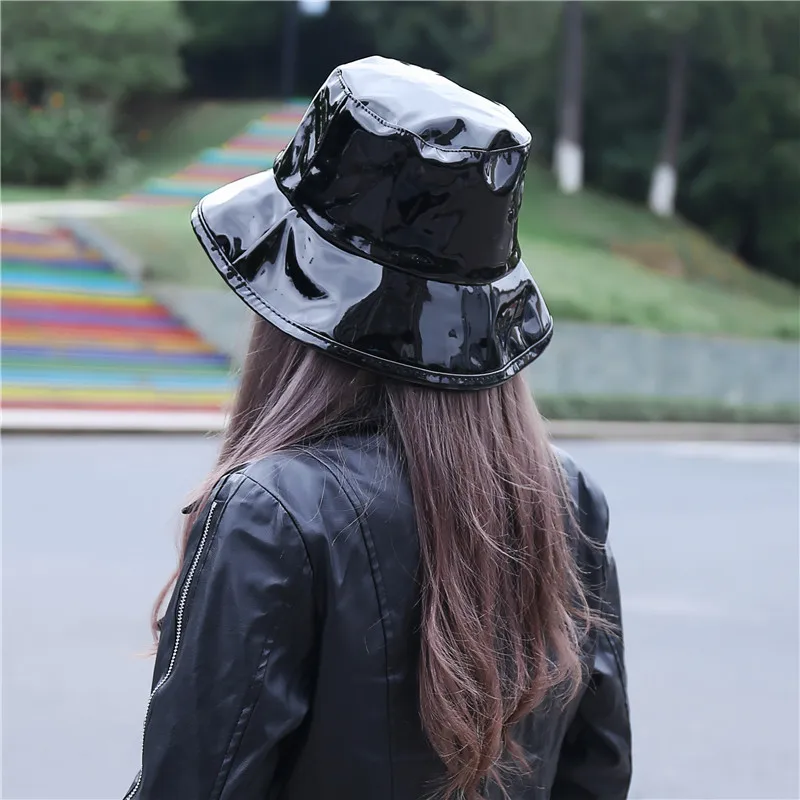 Black Leather Bucket Hat Women Hip Hop 