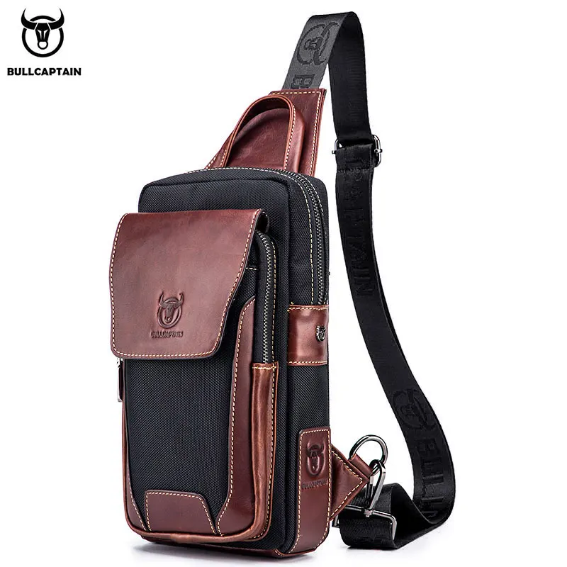 

BULLCAPTAIN Shoulder Sling Bag Men Leather Crossbody Bags Casual Waterproof Outdoor Bags Short Trip Men's Messenger Chest Bag