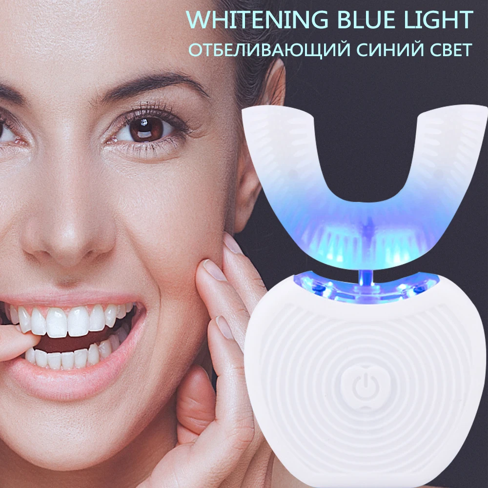 360 Degrees Intelligent Automatic Sonic Electric Toothbrush U Type 3 Modes ToothBrush USB Charge Toothbrush Whitening Blue Light