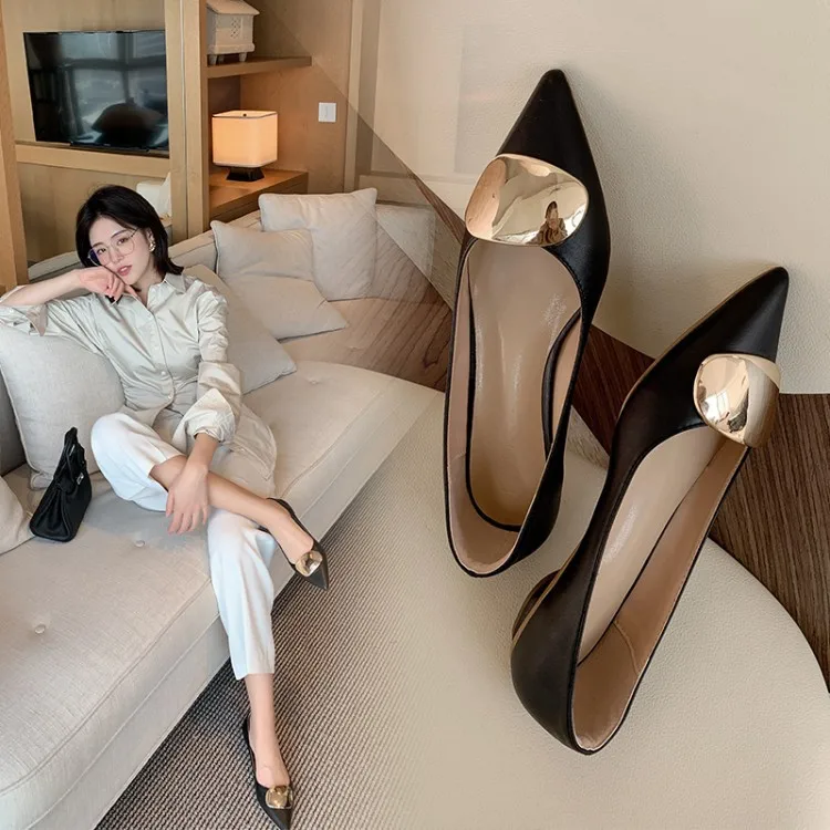 

2020 Spring And Summer Korean-style Flat Shallow Mouth Single Shoes Women's Genuine Leather Pointed-Toe-Style Metal Fastener Ele