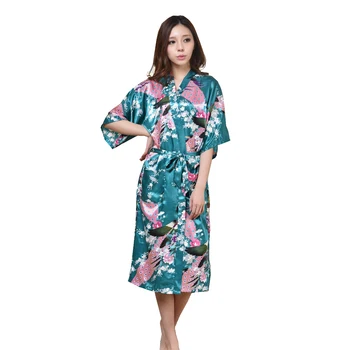 

Female Bride Bridesmaid Wedding Robe Sexy Kimono Bathrobe Gown Print Peacock Sleepwear Nightgown Short Sleeve Home Clothes