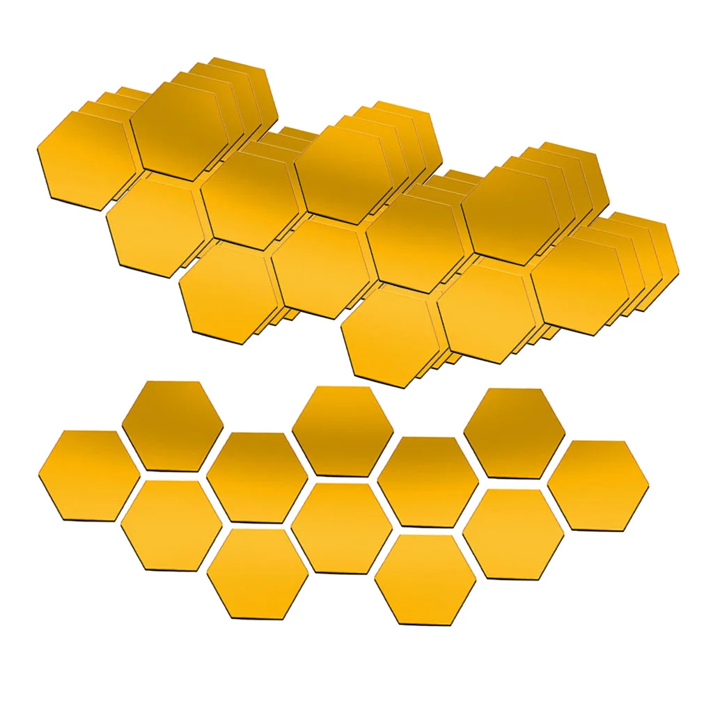 60Pcs 3D Hexagon Acrylic Mirror Wall Stickers DIY Wall Decor Gold 40x23cm