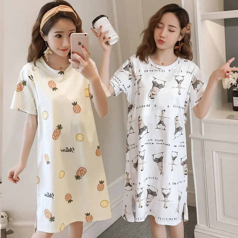 

2019 Pure Cotton Pregnant Women Nightgown Women's Summer Short Sleeve Time of Childbirth Skirt Postpartum Nursing Dress-Style Nu