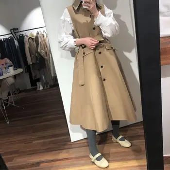 

[EWQ] 2020 Spring Autumn New Lapel Sleeveless Solid Patchwork Single Breasted Adjustable Waist Vintage Dress Women 3AJ133