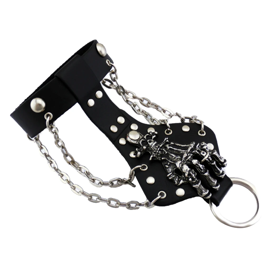 Mens Gothic Alloy Spike Skeleton Hand Wrap Leather Cuff Finger Ring Bracelet