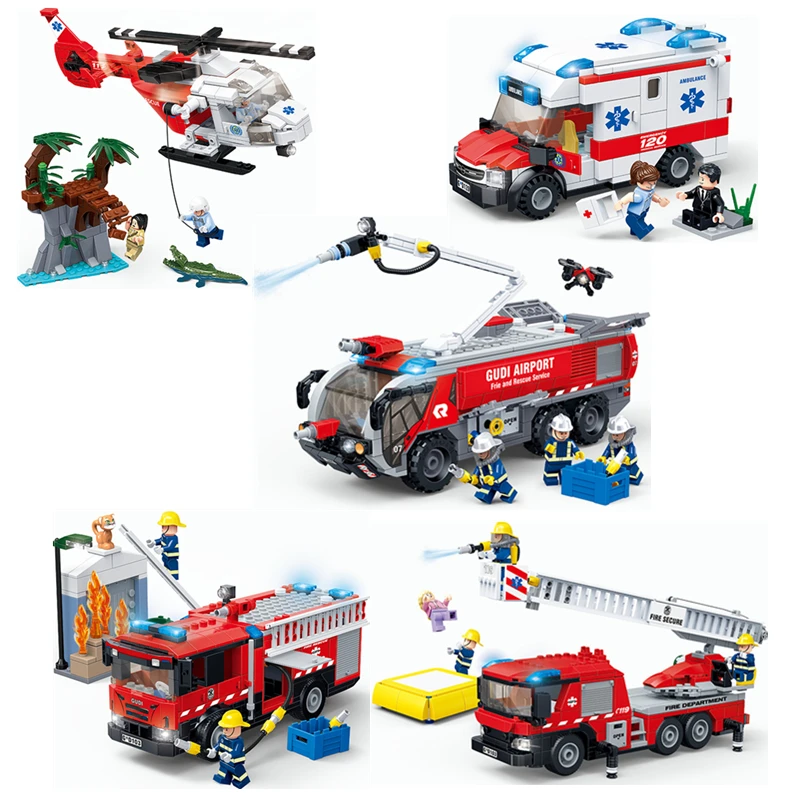 

GUDI City Medical Ambulance Rescue Helicopter Emergency Ladder Airport Fire Truck Building Blocks Firemen figures set kids Toys