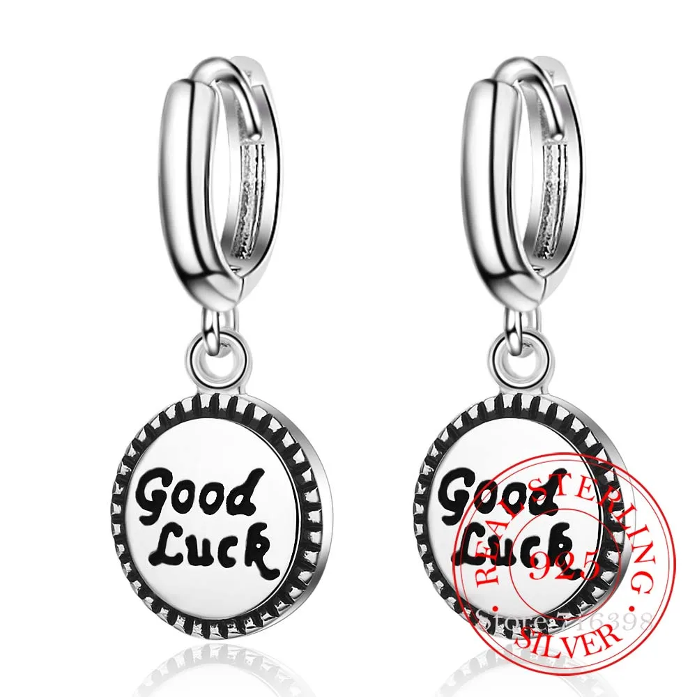 100% 925 Sterling Silver Round Letter Good Luck Orecchini A Bottone Per Le Donne Bambini 2023 Regalo Di Nozze Coreano Pendientes Femminile
