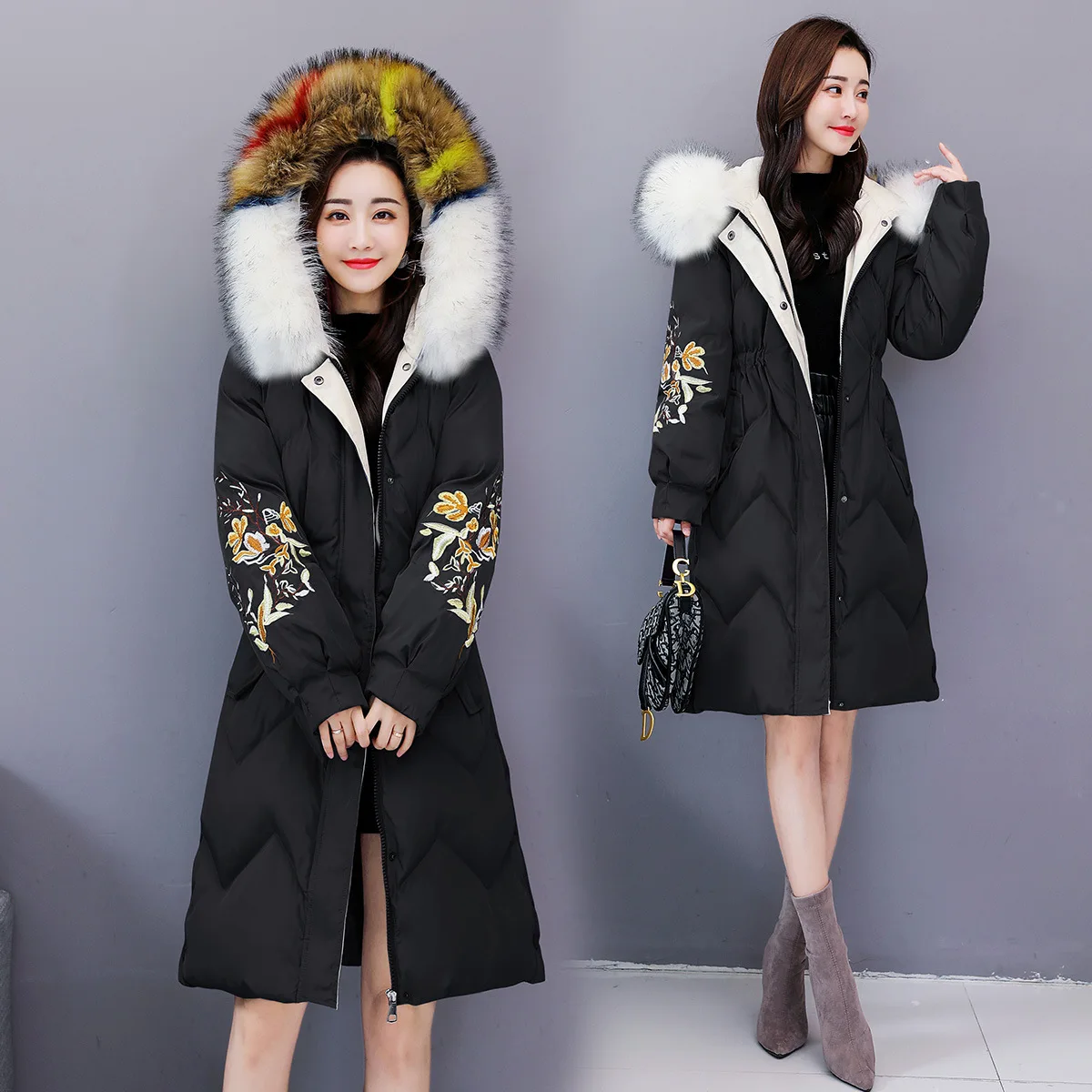 

Cotton-padded Clothes Solid Color 2019 Winter Mid-length Thick Long Sleeve Slim Fit Trend Thick Versatile Simple