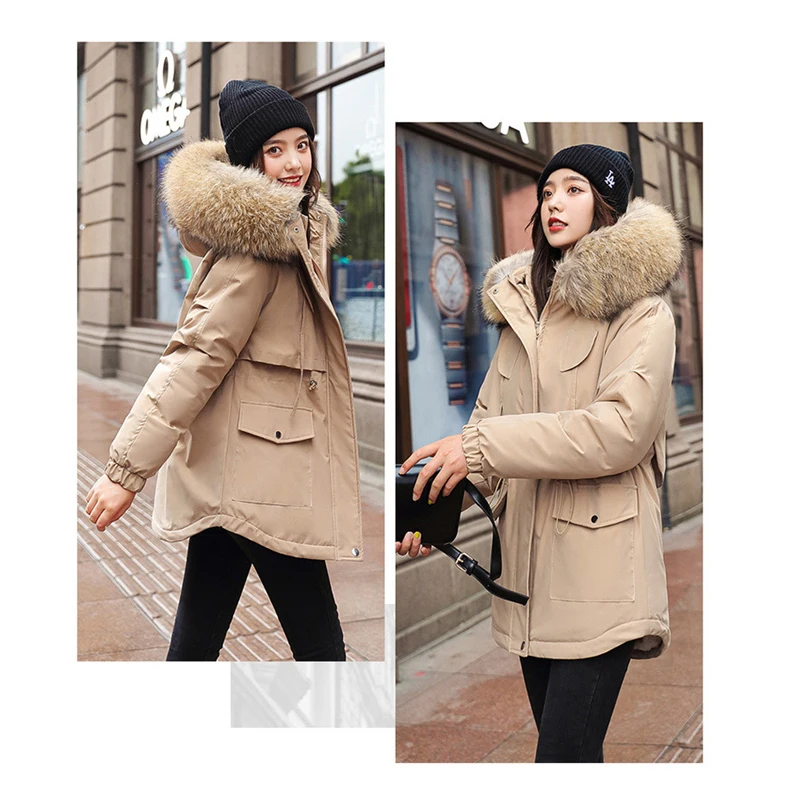 

2021 Winter New Jacket Women Plus Velvet Cotton Pure Color Casual Korean Fashion Clothing High Street Hooded Loose Warm Jacket