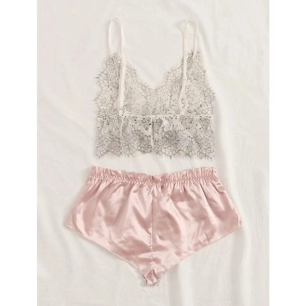 2PCS Women Sexy See-through Lace Silk Crop Top Deep V Neck Sling Bra High waist Satin Briefs Sleepwear Lingerie Set Exotic Sets