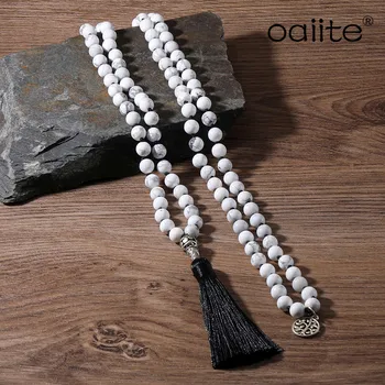 

OAIITE 8mm Natural Stone Long Necklace Tassel Pendant Buddhist Rosary Mala Necklaces for Women Men Jewelry