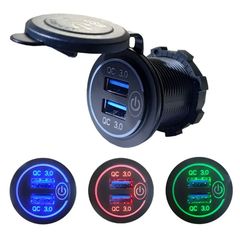 12V/24V Dual USB QC 3.0 LED Fast Charger Touch Switch for Car Boat Motorcycle 72XB
