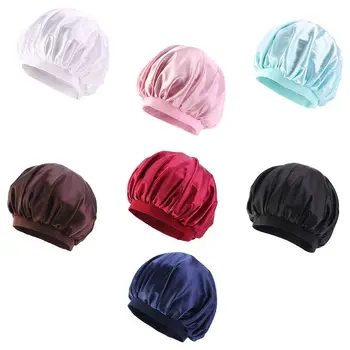 

Women Imitation Silk Bonnet Sleep Cap Sweet Solid Candy Color Wide Elastic Band Hairstyle Head Cover Hair Loss Chemo Cap 7 Color
