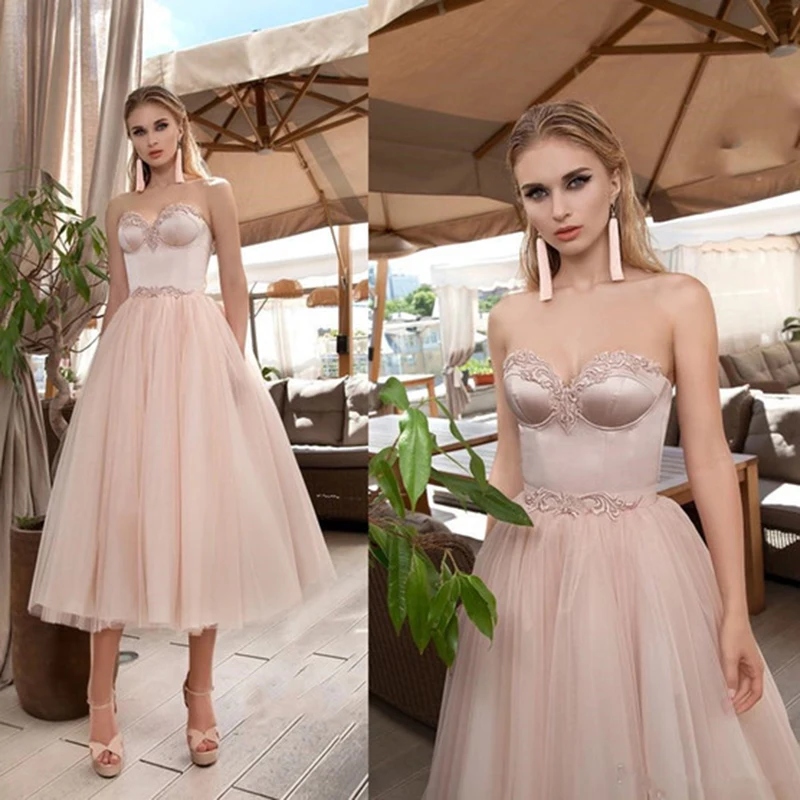 

Sweety Pearl Pink A-Line Prom Dress Sweetheart Appliqued Tulle Short Evening Gowns Tea-length Tull Formal Gratuation Dress