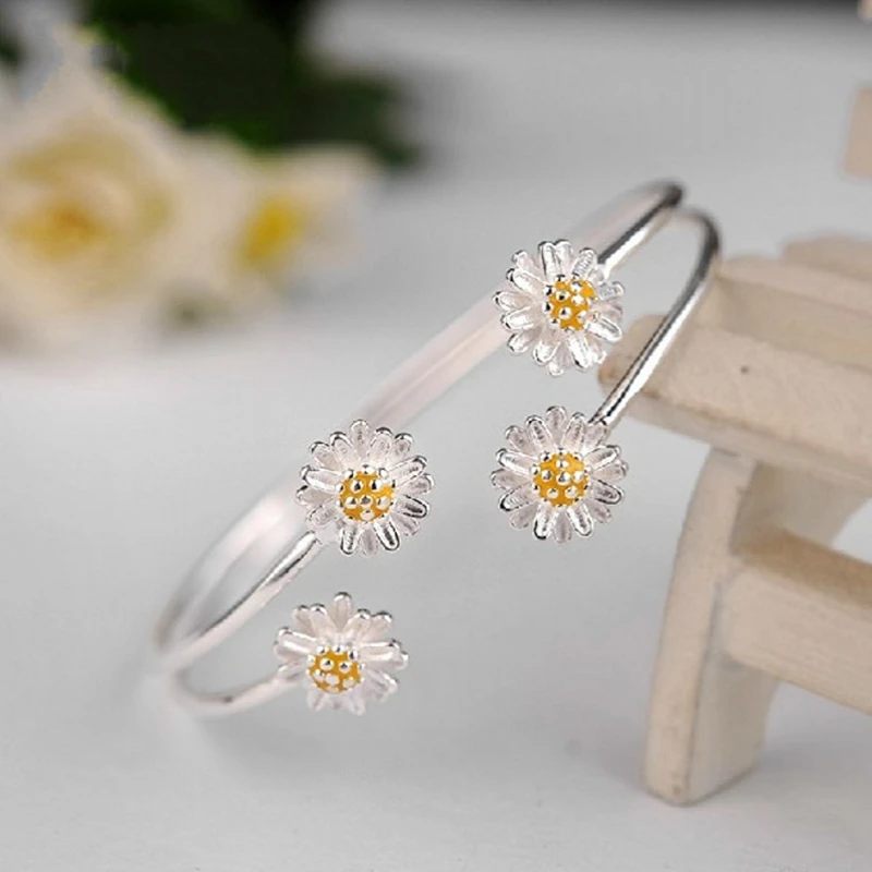 

Vintage Fashion 925 Sterling Silver Bangles For Women Gift Four Daisy Flower Cuff Bracelet Bangle