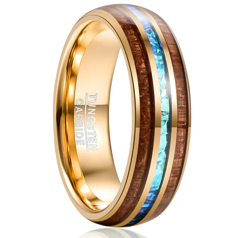 

Engagement for Men's Gift 6MM Wide Electroplated Gold Inlaid Acacia + Imitation Opel Dome Tungsten Steel Ring