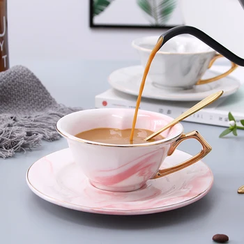 

Nordic minimalistic marble ceramic coffee cup and saucer set heart-shaped couple cup saucer English afternoon tea red tea cup