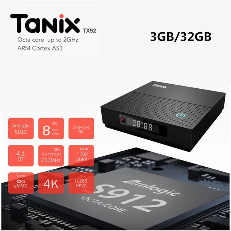

Tanix TX92 Smart TV Box Amlogic S912 Octa-core CPU Android 7.1 3G RAM+32G ROM OS BT4.1 dual-band WiFi 1000M LAN Set Top Box