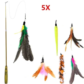 

Pet Cat Interactive Elastic Playing Sticks Feather Toy 5 Replace Head Fishing Rod Shaped Cat Tracing Bell Toys Supplies