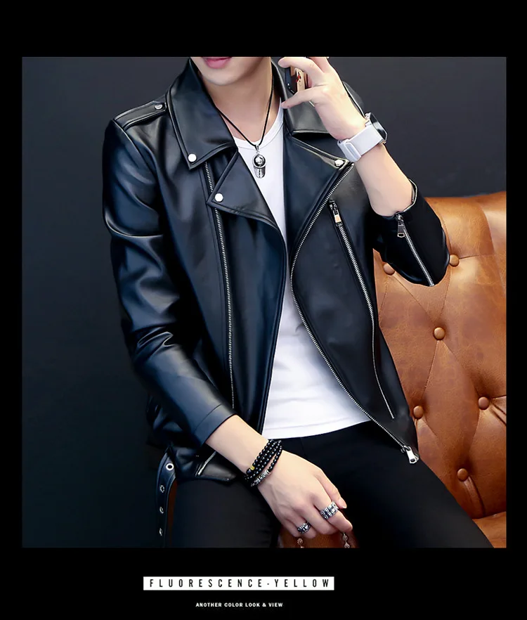 classic leather jacket 2021 Men's Non-Mainstream Slim-Fit Oblique Zipper Leather Short Multi-Zipper and Lapel Leather Jacket for Teenagers leather bomber