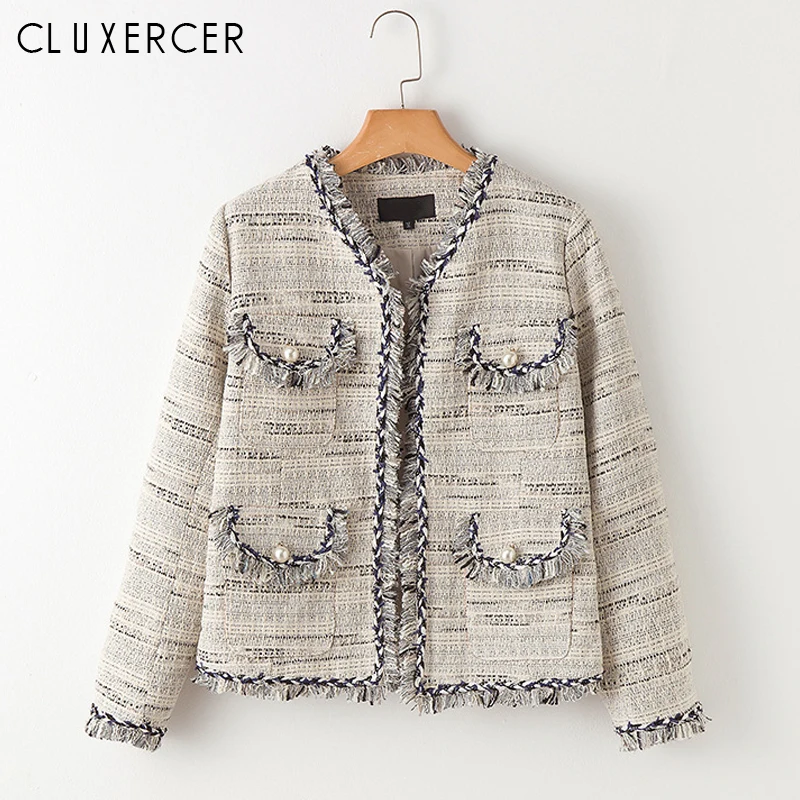 

High Quality Elegant Ladies Runway Luxury Beige Tassels Tweed Jacket O-Neck Long Sleeved Slim Office Ladies Jackets And Coats