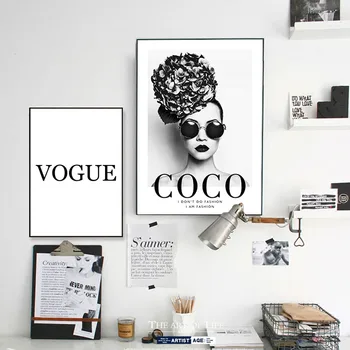 

Wall Art Canvas Painting Black White Fashion Flower Woman Poster and Print Coco Quotes Vogue Pictures for Living Room Home Decor