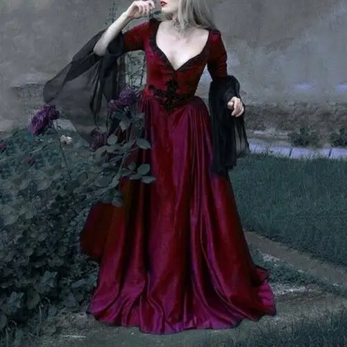 Wine Red Модное женское платье в стиле ретро, средневековые вечерние платья принцессы Ренессанса, косплей, кружевное платье в пол, повседневный зимний костюм для вечеринки, женское платье - Цвет: Wine Red