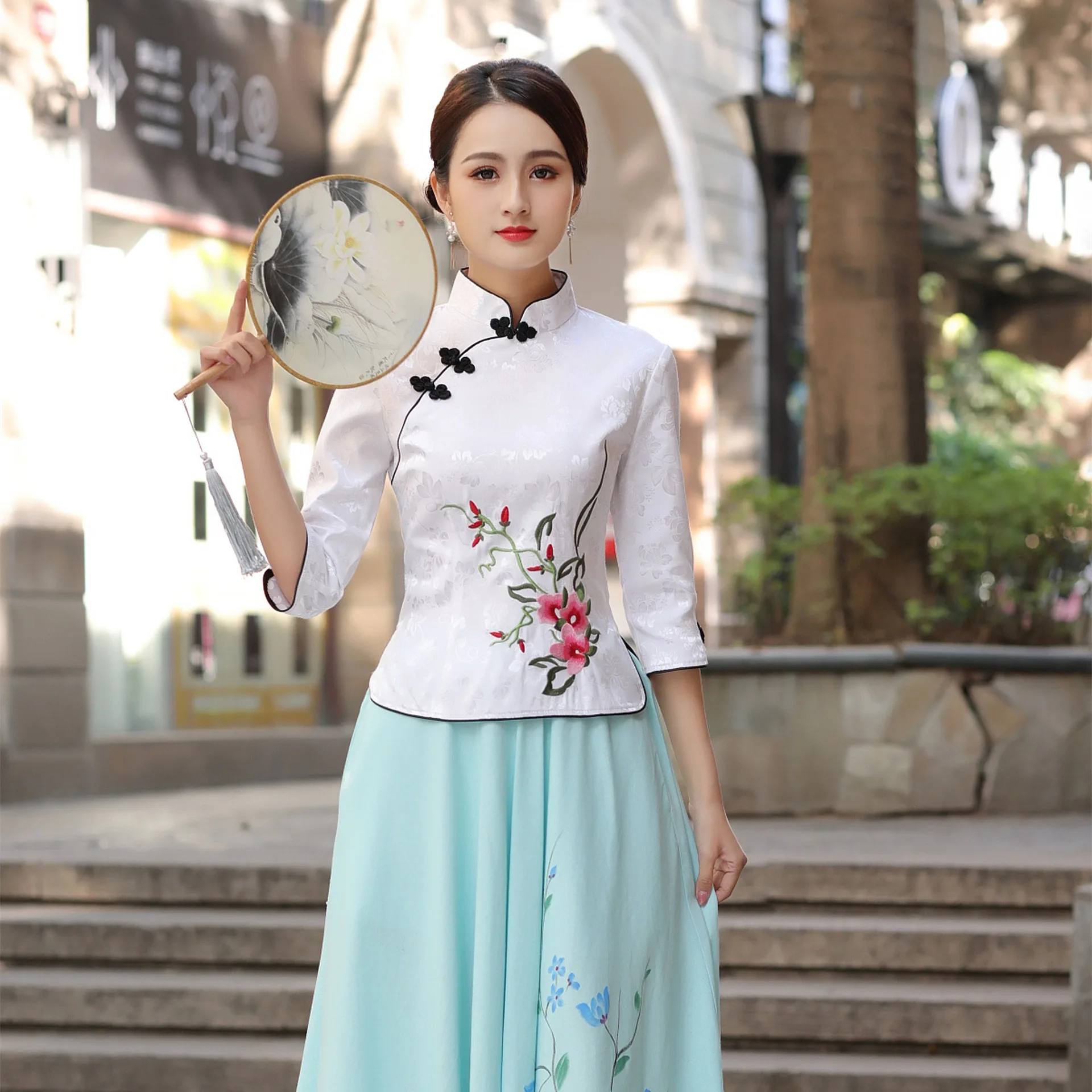 Women Qipao Dresses Chinese Cheongsam Top Linen Skirt Vintage Floral Embroidery Tang Suits Plus Size Blouse Female