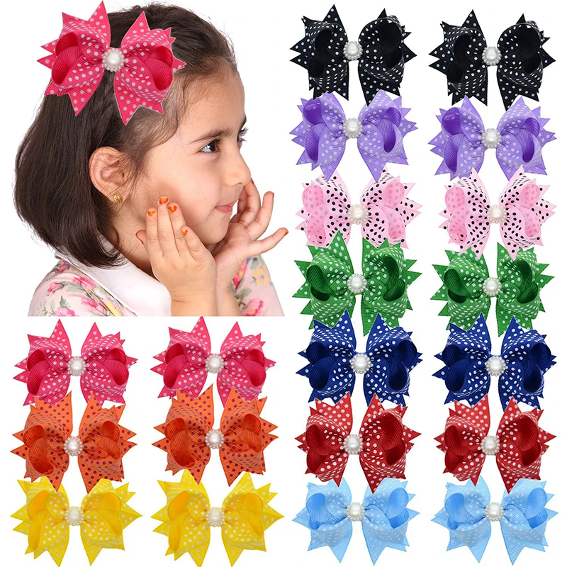 3 Inch Polka Dots Bows for Girls Kids Child 10 Pairs Grosgrain Hair Pearl Barrettes Boutique Accessory Wholesale | Детская одежда и