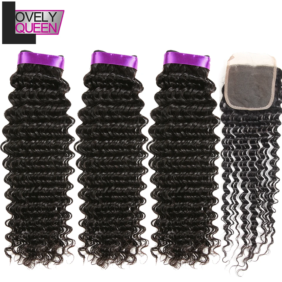 

Indian Hair Human Hair Bundles Deep Wave Bundles with Closure 3 Bundles with Closure Natural Color