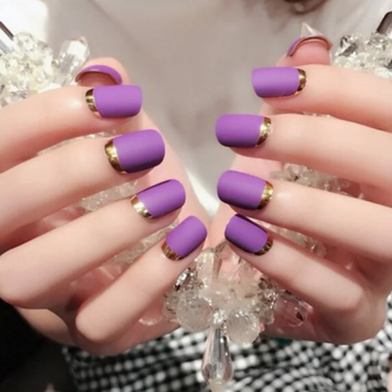 

New 24Pcs Matte Metal Edge Fake Nails Sticker French Acrylic False Nail Tips with 2g Glue Manicure Art for False Nails