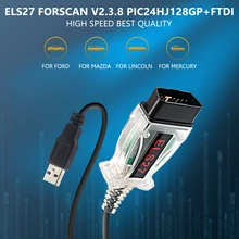 최신 V2.3.8 ELS27 FORScan 녹색 PCB PIC24HJ128GP + FTDI 칩 다국어 작동 ELM327 & J2534 Pss-Thru For Maz-da For For-d