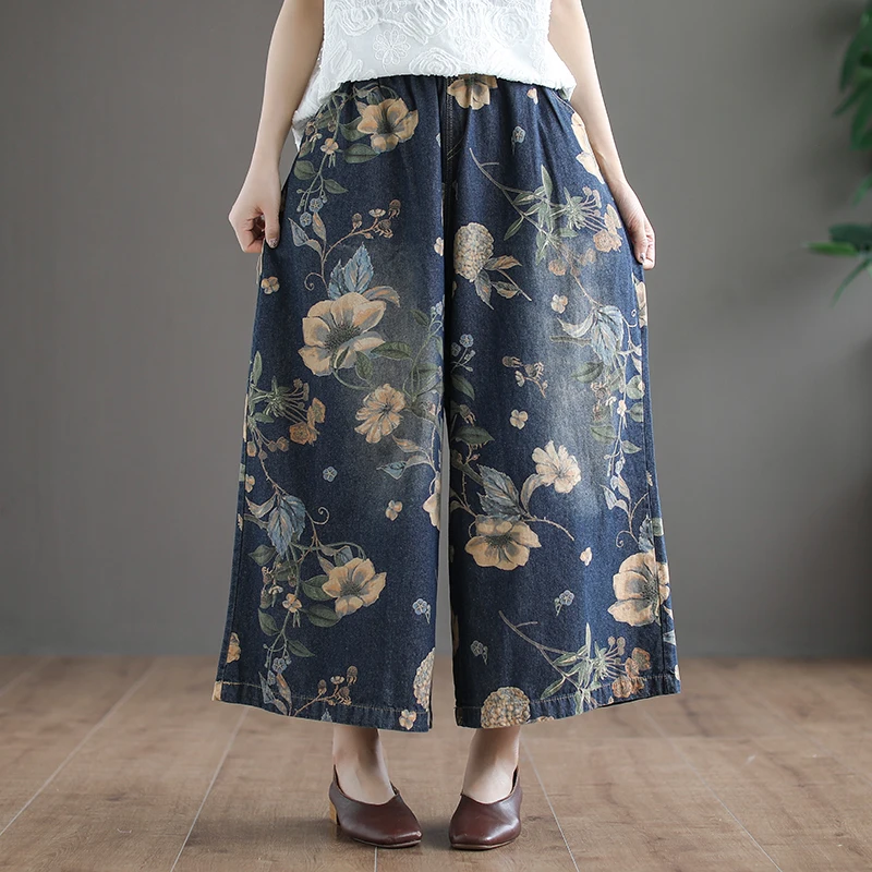 

Free Shipping 2021 Fashion Wide Leg Ankle Length Pants For Women Trousers Denim Jeans Elastic Waist Casual Cotton Pants Print
