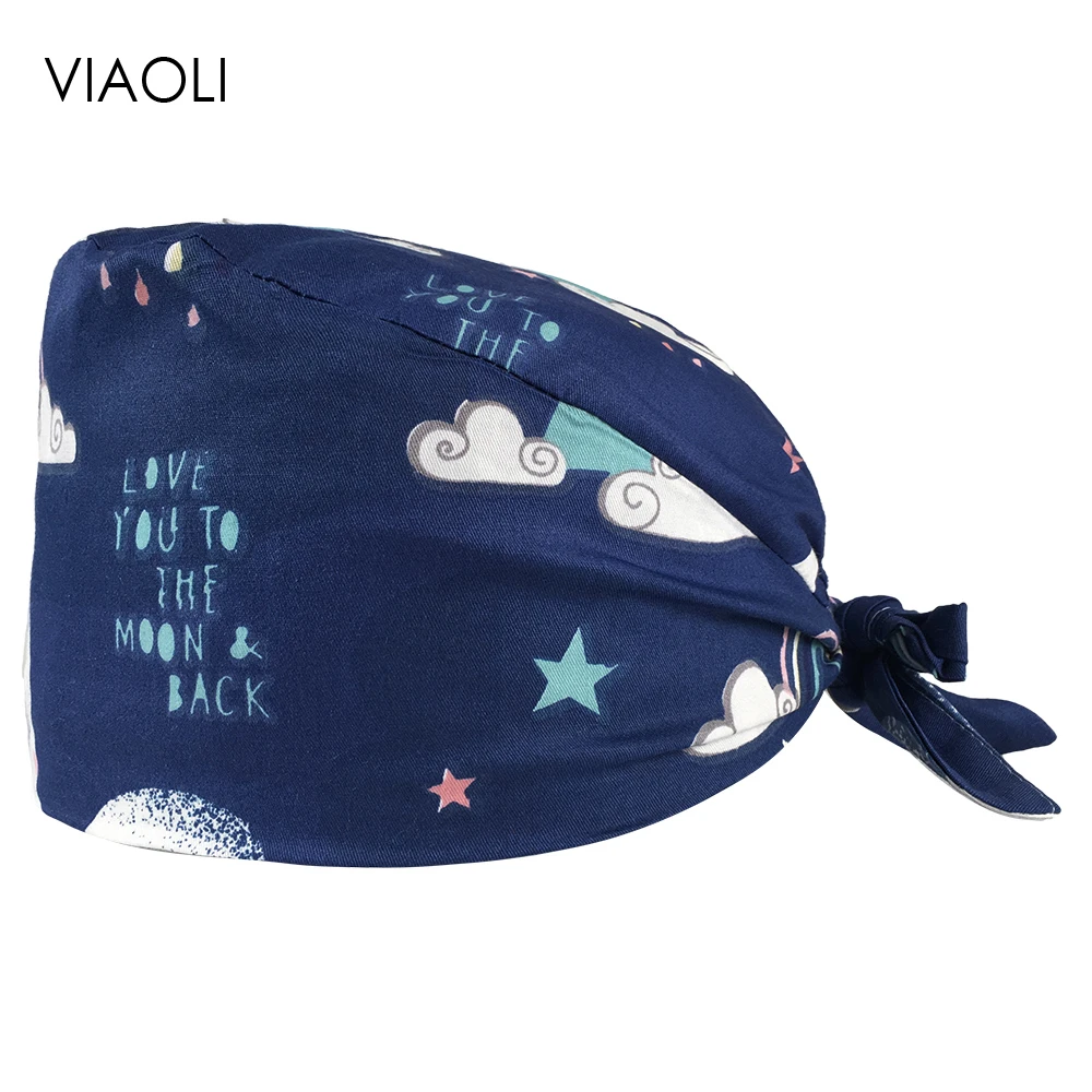 wholesale Built-in Sweat towel cartoon printing Rainbow starry sky scrub cap women Health Service Store work hat-VIAOLI |
