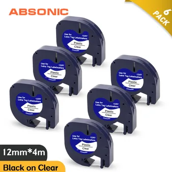 

Absonic 6PK Compatible Dymo Letratag tape 12267 16952 16951 Black on Clear 12mm Plastic Label Tape ribbon tape for LT 100H 100T