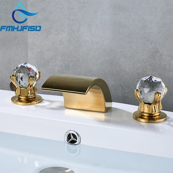 

Crystal Handle Waterfall Spout Widespread Basin Faucets Dual Handle Three Hole Golden Deck Mounted Vanity Sink Mixer Taps