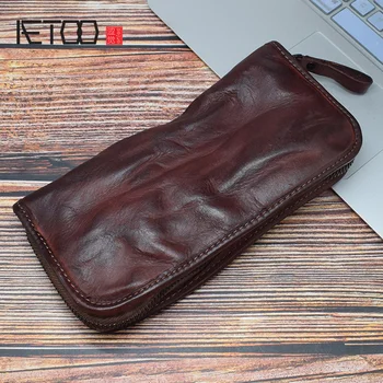 

AETOO Handmade tanning cowhide handbag, hand grab bag, card bag multi-card men leather long wallet, retro mobile phone bag
