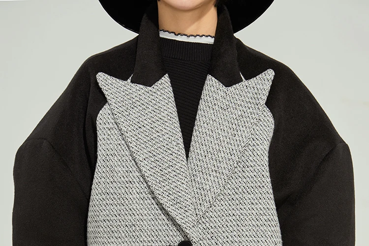 [EAM] Loose Fit Black Contrast Color Big Size Woolen Coat Parkas New Long Sleeve Women Fashion Tide Autumn Winter 1M482