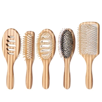 

Natural Bamboo Scalp Massage Hair Care Anti-Static Paddle Handle Detangling Hair Brush Cushion Comb Hairdressing Styling Tools