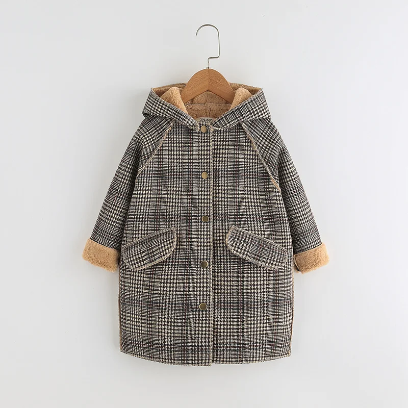 

Kids Girl Overcoat Winter 2019 New Fashion Houndstooth Wool Coat for Girls Teens Autumn Jacket Plus Velvet Warm Long Outerwear
