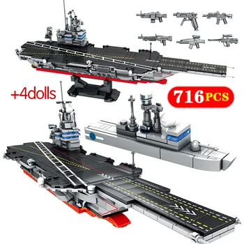 

716pcs City Military WW2 Navy Aircraft Carrier Submarine Building Blocks Technic Police Boat Bricks Toys For boys